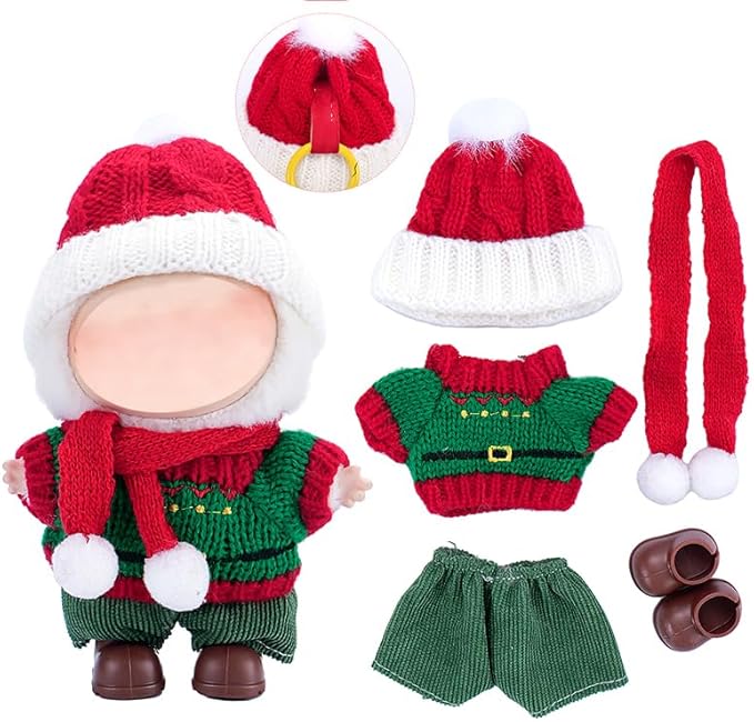 Christmas Clothes for 17cm Doll(No Doll), 5 Piece Set Outfits Clothes Scarf Hat Shoes Accessories for Chrismtas