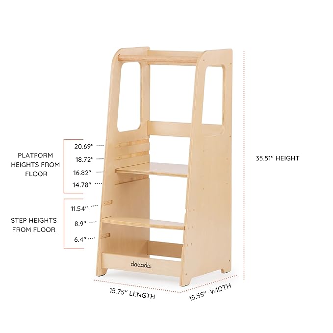 dadada Baby Montessori Toddler Tower - Adjustable Kitchen Step Stool for Kids with Safety Rail - Baby-Safe Finish, Encourages Cooking Skills and Independence - Natural