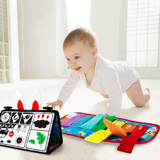 Tummy Time/Baby Mirror Toys, Black and White High Contrast Tabletop Mount Baby Newborn Toys 0 3 6 Months Brain Development, Sensory Texture Piano Infant Toys 0 3 6 Months with Squeaker