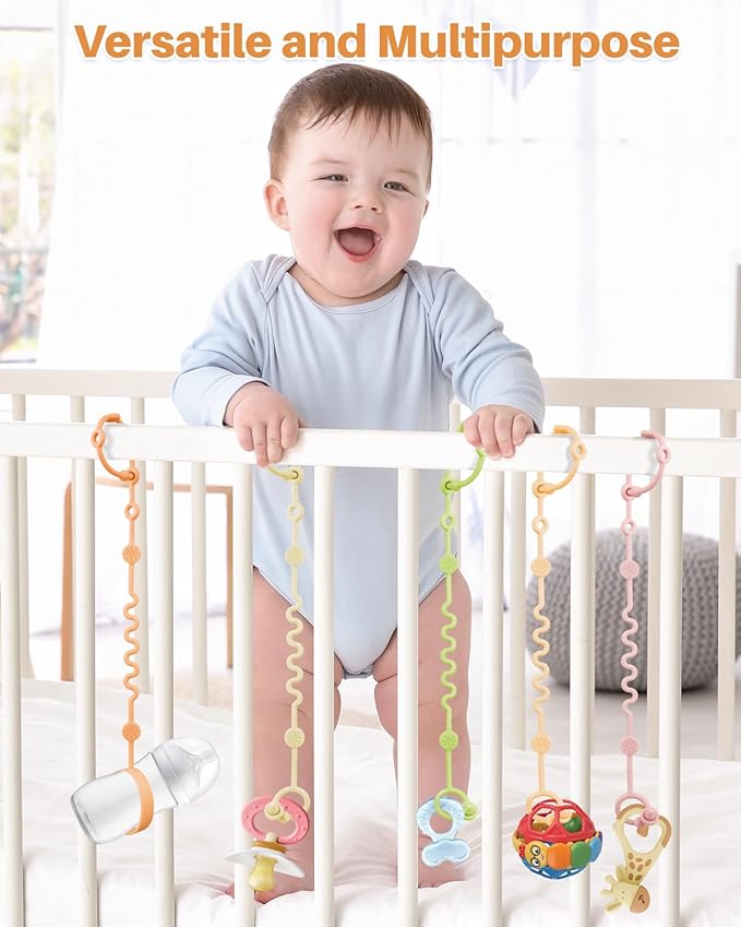 Toy Straps for Baby, Adjustable Toy Holder for Stroller Accessories, Silicone Tether Pacifier Clip, No Throw Travel Essential Leash for High Chair, Car Seat (4 Pack Macaron)