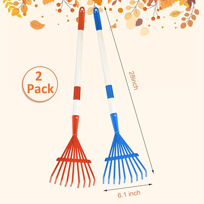 2PCS Kids Rakes for Leaves, 28" Child Size Garden Yard Rake Childrens Lawn Rake Toddler Leaf Rakes Blue Red Metal Head with Detachable Hardwood Handle Great Gardening Tools for Boy Girl