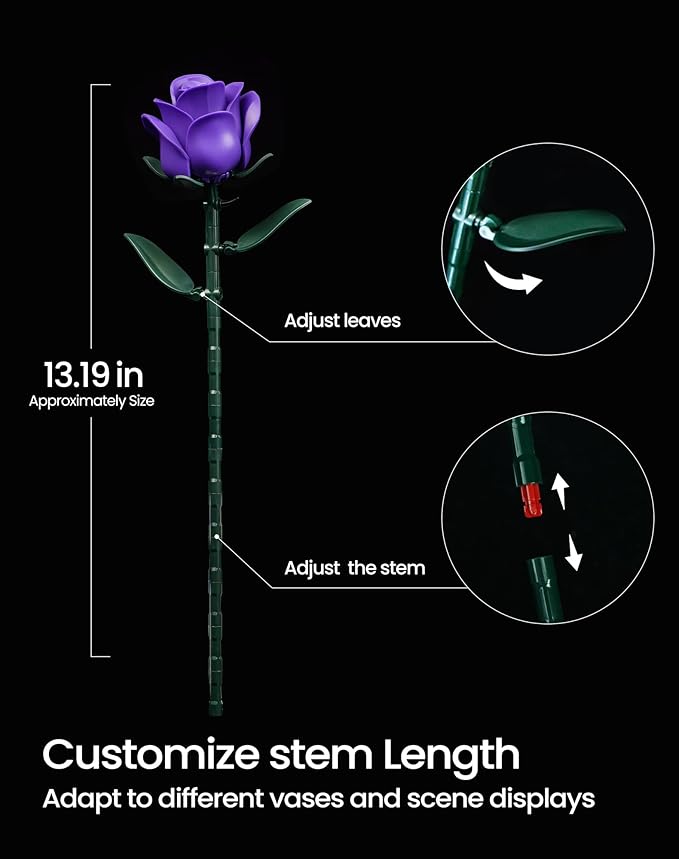 iATOM Purple Rose Bouquet Building Set, Artificial Flowers Botanical Collection for Adults Women, Gift for Halloween & Valentines Day - Gothic Home Office Table Centerpiece Decor - IA11017