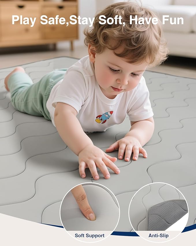 Baby Play Mat for Floor,50 x 50 Playpen Mat,Soft Crawling Playmate for Tummy Time and Travel,Washable&Easy Storage,Non-Slip Foam Floor Mats for Toddlers' and Infants' Play or Relax(Grey)