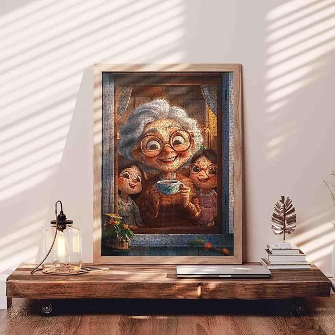 Grandma's Drinking Coffee On The Windowsill 1000 Piece Jigsaw Puzzle for Adults Students Two Cute Little Girl Granddaughters 20×27 Inches Puzzles Unique Art Gift Home Decor Fun Family Activity