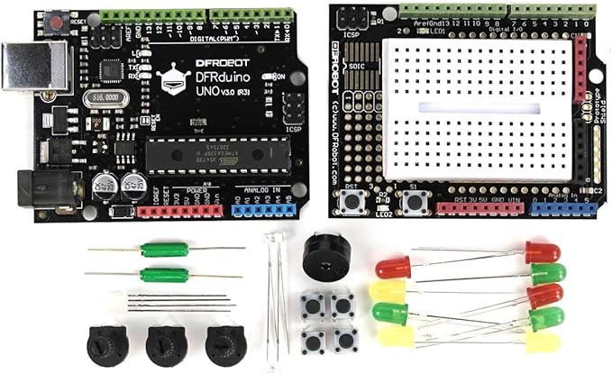 DFRobot Basic Starter Kit for Arduino UNO R3 with 83 Components & 12 Projects - Beginner Electronics Kit with Step-by-Step Tutorials, Pre-Sorted Parts - Learn Coding & STEM