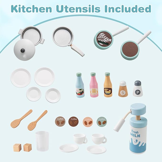 INFANS Kids Kitchen Playset, Toddler Wooden Kitchen Pretend Cooking Toy Set with Coffee Maker Ice Machine Dishwasher Microwave Storage Cabinet, Simulation Play Kitchen for Boys Girls 3+ (Blue)