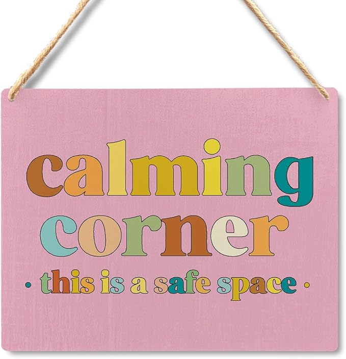 Calming Corner Hanging Wood Sign Plaque - Safe Space, Classroom Decor, School Counselor Office, Calm Down Corner Decorations, Boho Decor (Pink), 10x8