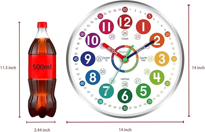 Wall Clock for Kids Learning - Teaching Time Wall Clocks Battery Operated Silent Non Ticking - Analog Colorful Clock Decorative for Kids Room Classroom School(14 Inch&Silver)