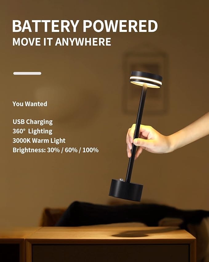PUSU Cordless Table Lamp Set of 2, Battery Powered LED Desk Lamp Portable Table Lights 3-Level Brightness Touch Control, Lighting for Home Office Bedroom Hotel Restaurant Outdoor Night Light(Black)