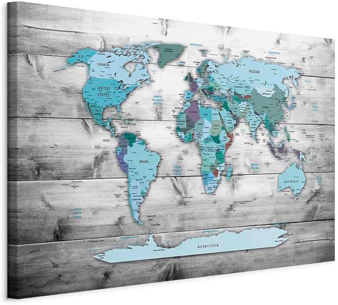 artgeist Acoustic Canvas Wall Art Print World Map 35x24 in - 1pcs Picture with Acoustic Foam Sound Print Artwork Room Acoustics Soundproofing World Travel Map Wood k-B-0009-b-d