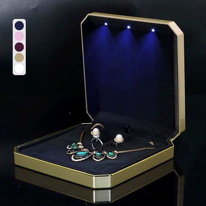 HSLFUAI Necklace Organizer with Led Light,Jewelry Box for Necklace, Necklace Box Gift,Jewelry Gift Box for Wedding, Birthday, Valentine' Day, Mother'S Day, Christmas(Gold)
