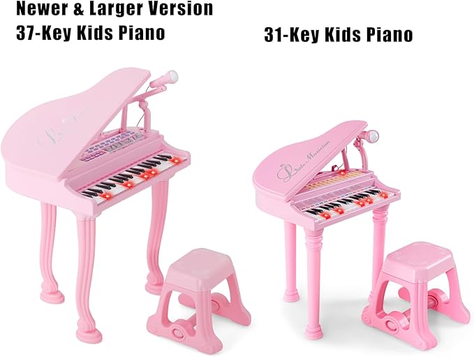 HONEY JOY Classical Kids Mini Grand Piano w/ Music Stand & Stool, Portable Electronic Piano Educational Musical Instrument Toy w/ Microphone, Lights, Gift for Kids (Pink, 31 Keys)