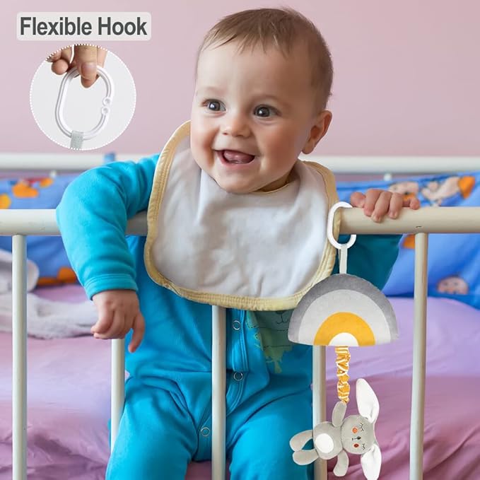 Baby Hanging Rattle Toys, Baby Lullaby Pull Musical, Soft Plush Early Development Stroller Car Toys with Squeaker for Infant (Rabbit)