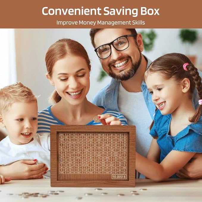 10000 Savings Challenge Box, Money Saving Box with Money Target and Numbers, Cash Vault Wooden Savings Box, Wooden Money Box, Coin Counter Piggy Bank for Adults, Wooden Coin Bank for Kids 5,000