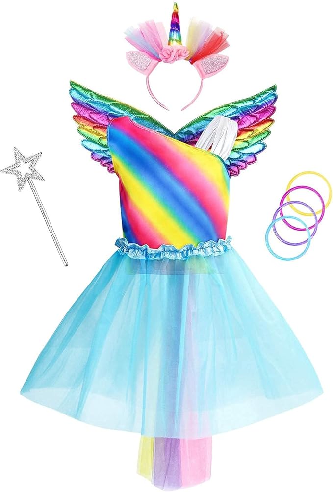 Jeowoqao Girls Unicorn Princess Dress up Trunk Set 19 Pcs, Girls Rainbow Unicorns Costume, Toddler Girls Dress up Clothes Pretend Play Costumes for Little Girl Ages 3 4 5 6