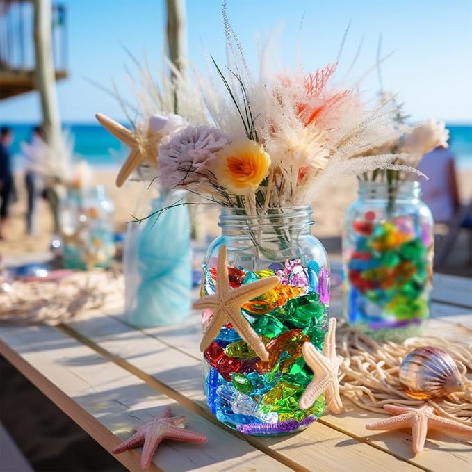 120 PCS Sensory Bin Filler,Mini Resin Figures,Diving Gem Pool Acrylic Sea Shells Starfish Gemstones Under The Sea Party Decoration,Beach Theme,Vase Filler,Fish Tank Decorations,Crafts
