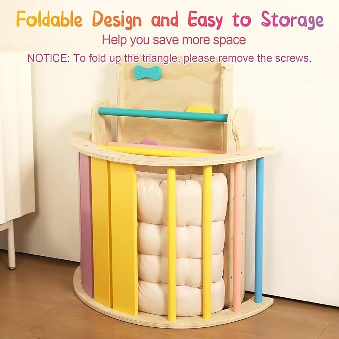 Pikler Triangle Set with Cushion, 7 in 1 Toddler Climbing Toys Indoor, Montessori Foldable Climbing Set, Wooden Climbing Toys for Toddlers 1-3 Inside with Ramp, Arch and Ladder (Rainbow)