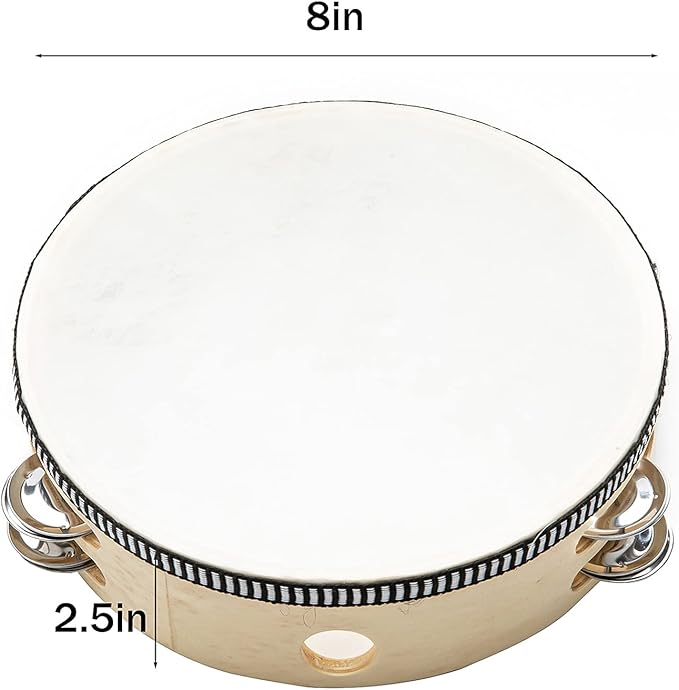 Musfunny Tambourine Hand Held Drum with Double Row Jingles, 8 inch Tambourines Metal Bell Hand Percussion for Adults Church Party (8 inch Natural)