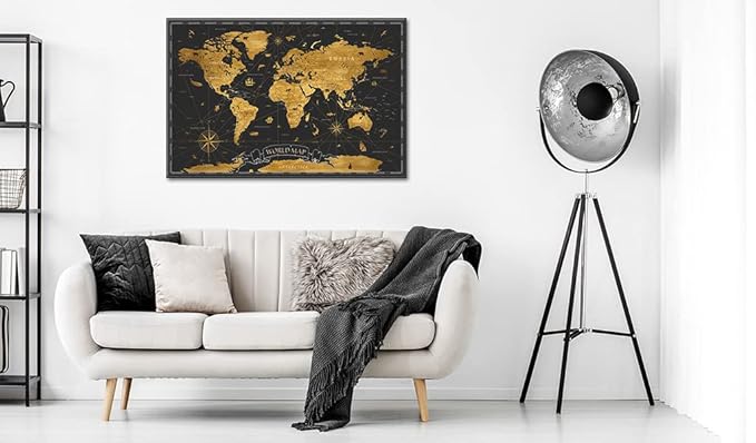 artgeist Pinboard World Map 35x24 in - Cork Board & Canvas Print Wall Art 1 pcs Memoboard with 50 Pins Noticeboard Message Board Image Picture Home Decor Travel Map Map of The World k-A-0490-p-a