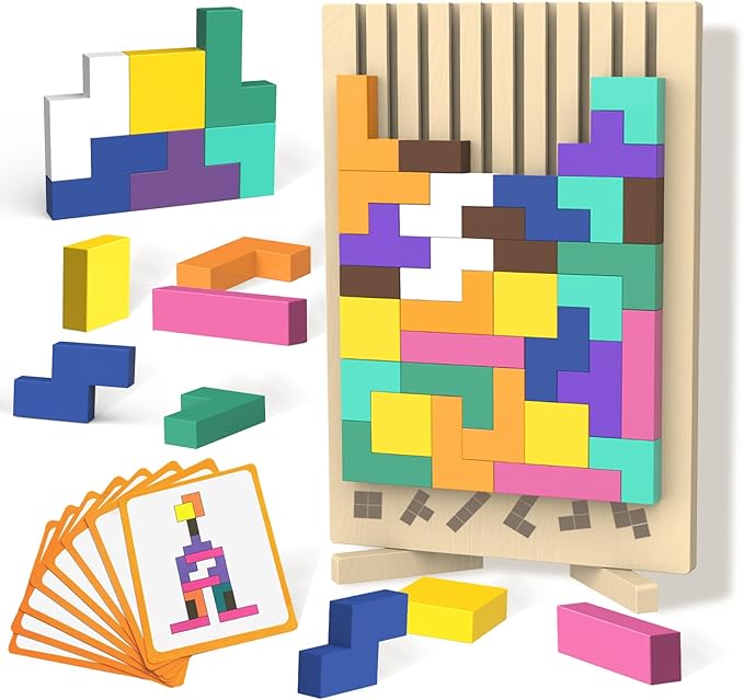 Wooden Block Puzzle Montessori Toy，Colorful Stacking Game Educational Puzzle for Toddlers and Kids, Brain Teaser Wooden Toy Gift for 3 4 5 Year Old Boys and Girls
