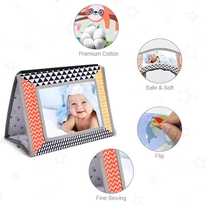 Tummy Time Mirror Baby Toys, High Contrast Crinkle Cloth Book with Teether for 0 3 6 Months Babies Boys Girls, Montessori Newborn Sensory Toys Activity Book for Shower Gifts