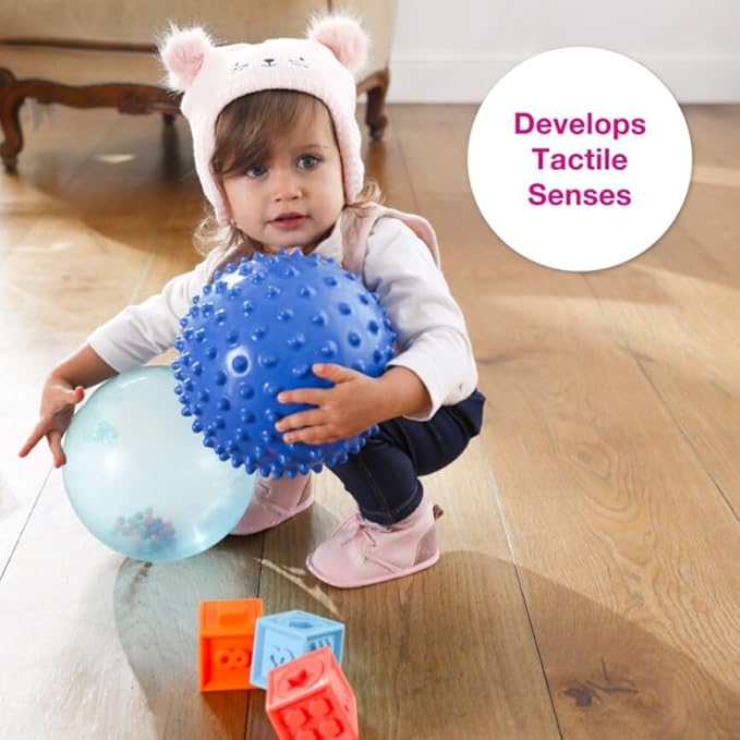 Edushape Rainbow Soft Sensory Ball for Baby and Toddlers - 7" Deflated with Pump Multi-Color Mini Noisemaker Toddler Ball with Colorful Beads Inside - Fine Motor Skills Development