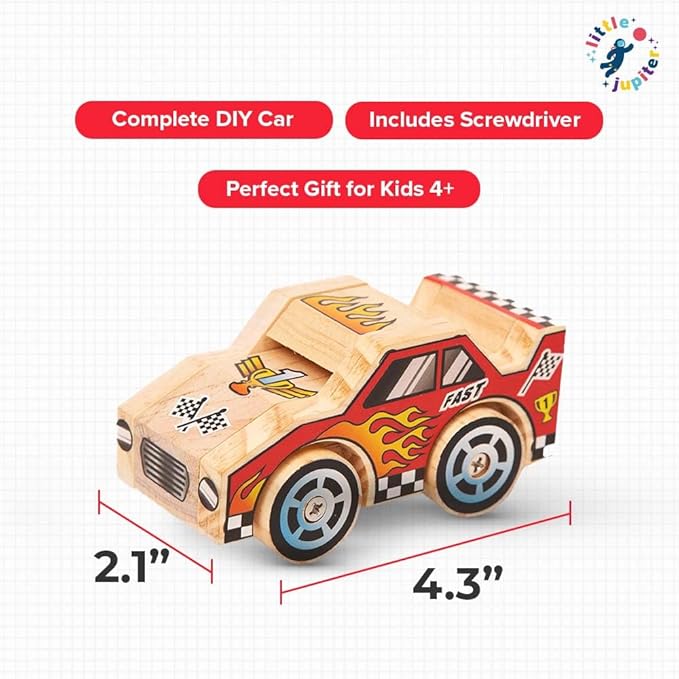 Little Jupiter DIY Wooden Kits w/Stickers - Kids Building Kit - Stem Toys for Ages 4-7 - Wood Crafts for Kids - Woodworking Kits (Monster Truck 1 & Race Car)