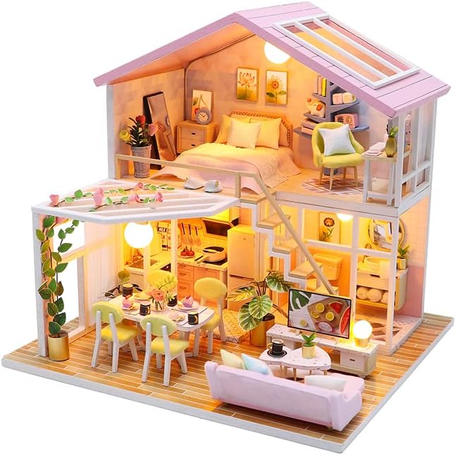 OZJAY DIY Miniature House Kit, Mini House Building Kit with LED & Furniture, DIY Wooden Dollhouse Miniature Kit for Adults Teen, Wooden Crafts Lovely Dollhouse Kit, Sweet Time