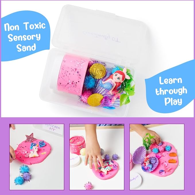Senationally OT - 2025 Edition - Mini Unicorn Sensory Dough Kit -1 Jar Magic Dough, Sensory Bin for Toddlers & Scooper-Count Sparkly Pom-Poms, Bring Unicorns to Life in a Magical Fairytale