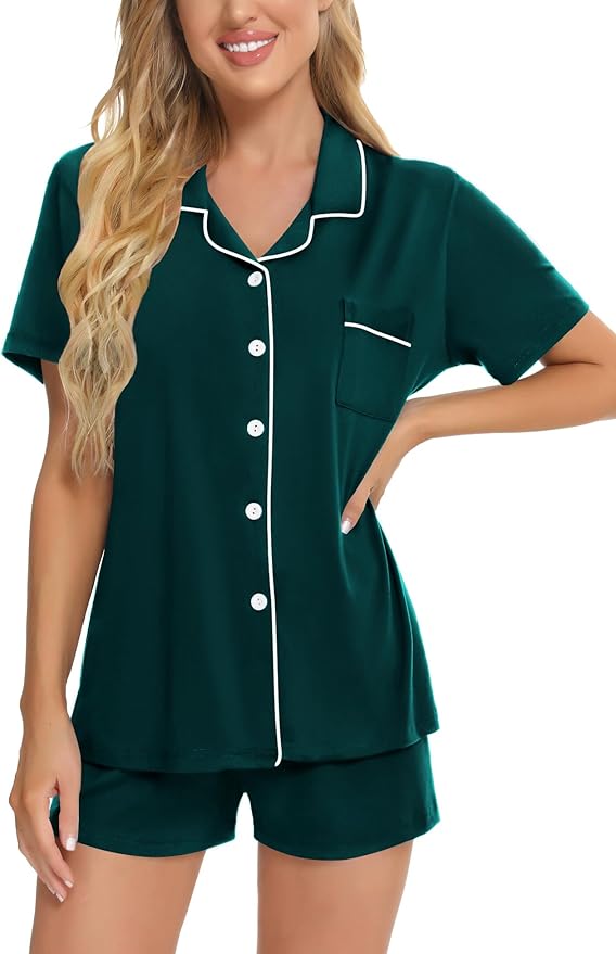 SWOMOG Womens Button Down Pajamas Set Short Sleeve Sleepwear Bride Soft Pj Lounge Sets XS-3XL