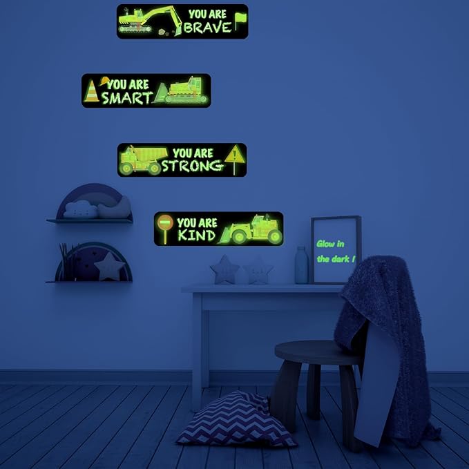 4 PCS Construction Wall Decals Glow in The Dark，Construction Stickers Toddler Room Decor for Kids Baby Nursery, Boys Glowing Motivational Wall Art Inspirational Sticker