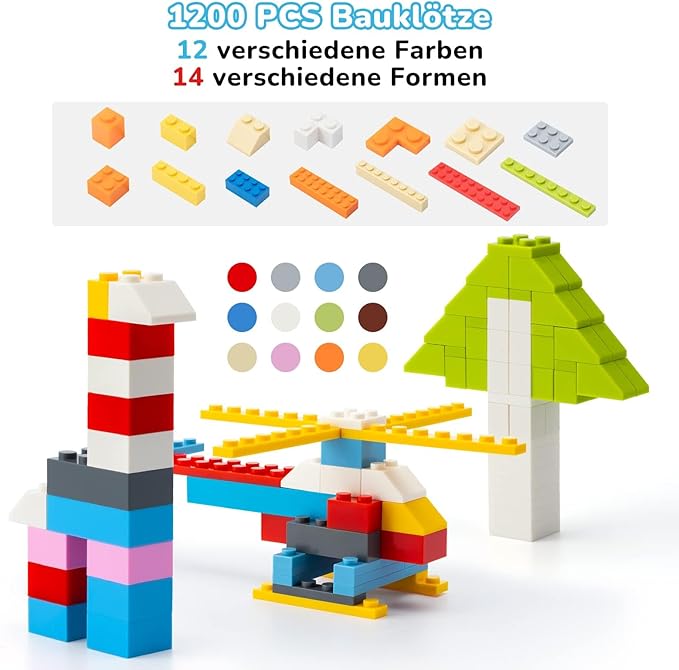 1200 Pieces Building Bricks Set – Bulk Basic Blocks in 12 Colors & 14 Shapes, Compatible Bulk Block, STEM Educational Toy Suitable for Boys & Girls Ages 6+