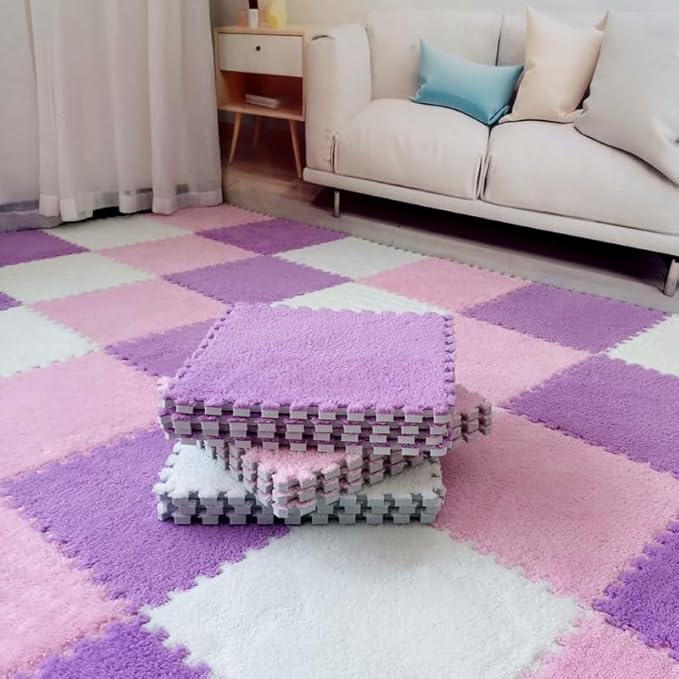 16pcs 0.6" Thickened Interlocking Tile Mats,Fluffy Shaggy Soft EVA Foam Area Rug for Living Room & Bedroom,Non-Slip Protective Floor Carpet Play Mat Kids Baby Dorm Home Decor (11.8ft, Purple)