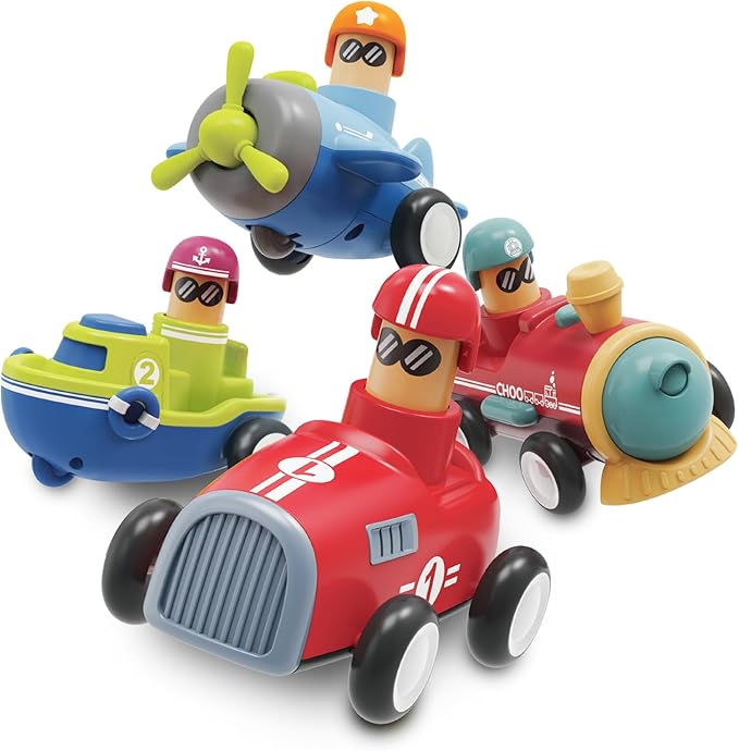 LiKee Toy Cars for Toddlers 1 2 3 4 Years Old Boy Girl, 4 Pcs Pull Back Cars for 18+ Months Baby Infant Gift, Kids Trucks Push and Go Back Friction Powered Vehicles (Transport)