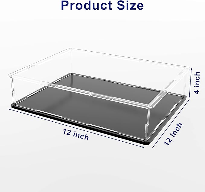 SVENJBB Coins Display Case, 12x12x4 Inch Acrylic Box for Display, Clear Acrylic Display Cases with Matte Black Base for Books, Stamps, Cards and Jewelry