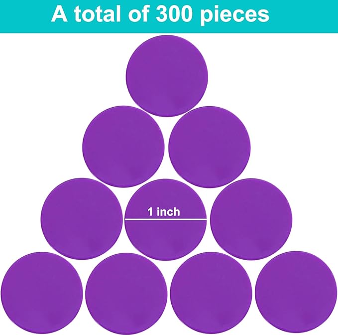 Coopay 300 Pieces Plastic Learning Counters Disks Bingo Chip Counting Discs Markers for Math Practice and Poker Chips Game Tokens,1 Inch (Purple Style 1)
