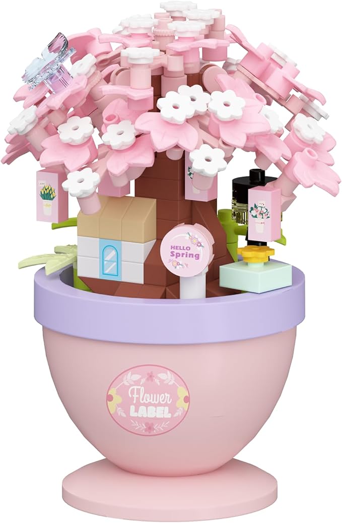 Cherry Cottage Mini Bonsai Tree Micro Building Set Building Toy Plant Cherry Tree Flower Collection Decor for Home Desk Greenery Decoration Building Blocks DIY Creative Gifts