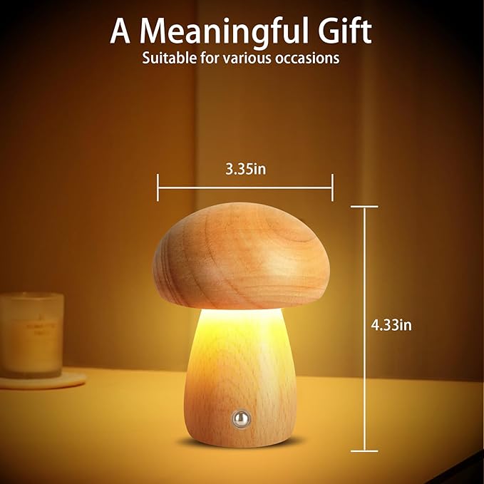 2 PCS Small Wooden Mushroom Lamp, Portable Cordless Rechargeable LED Touch Dimming Night Light, Perfect for Kids' Bedrooms, Nurseries & Gifts for Women, Natural Brown Finish