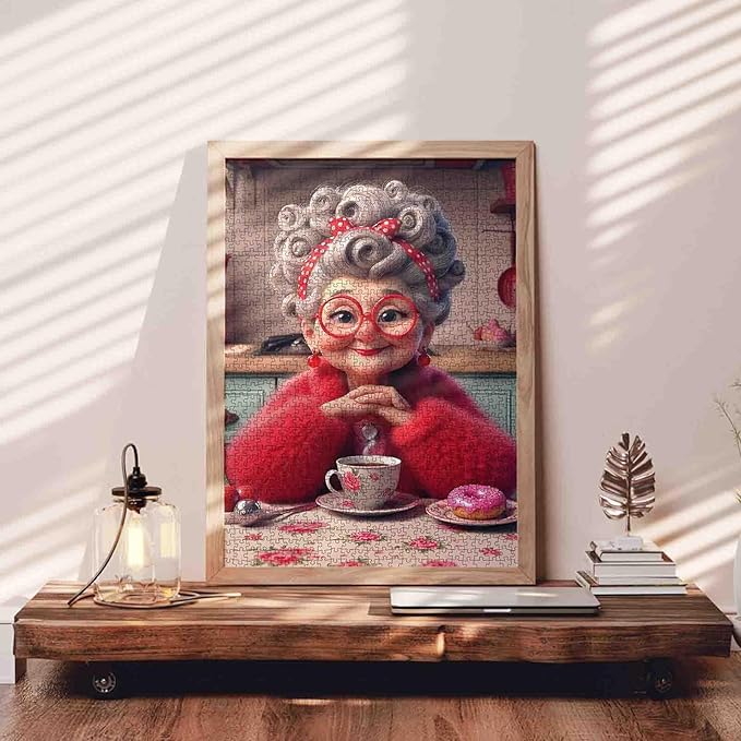 Grandma in Retro Kitchen Puzzles for Adults 1000 Pieces Coffee and Donut Jigsaw Puzzles for Game Nights Granny Jigsaw Puzzle for Challenging Family Activity Game DIY Craft Puzzle Home Decor Gifts