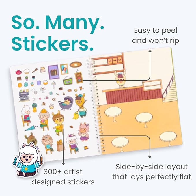 Cupkin Llama Sticker Book Activity for Kids, Toddler Airplane Travel Essentials, 500+ Llama Stickers for Kids + 12 Scenes + 12 Coloring Book Pages, Animal Lover Gift, Children's Crafts Ages 2-8