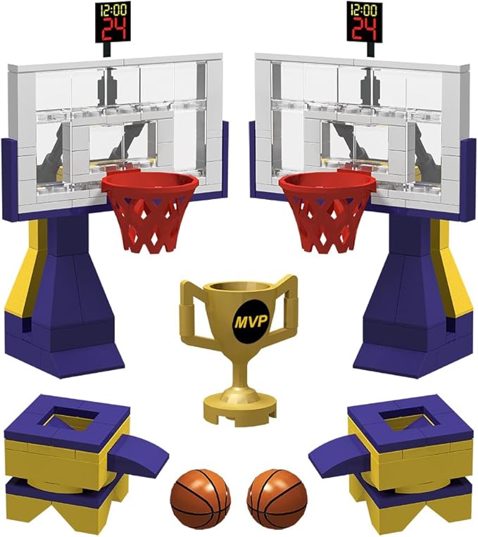 Building Blocks - Basketball Court Baseplates and Sets of 2 Basketball Hoop Basketball Goal Building Bricks for Basketball Game - Compatible with Major Brands (Basketball Playset/Yellow)