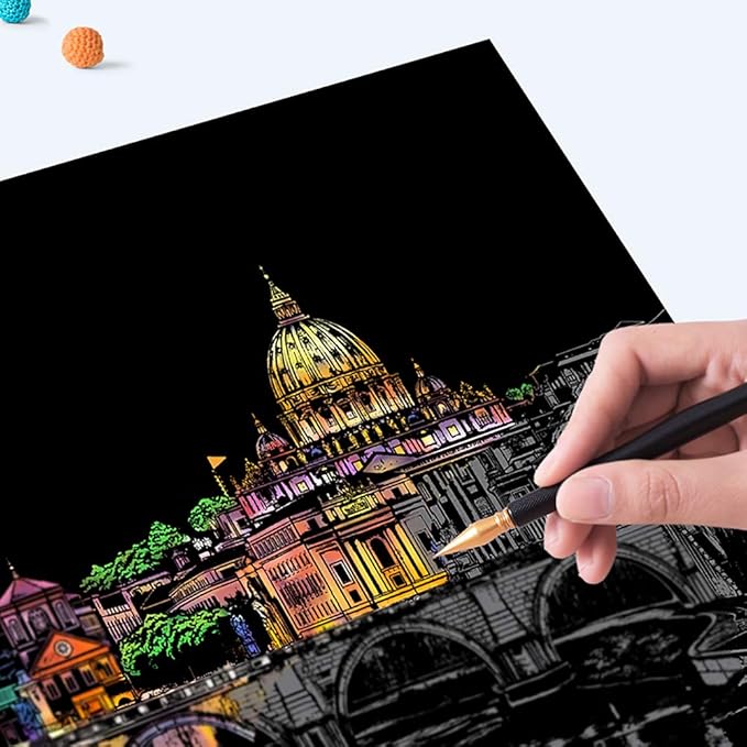 Scratch Art for Kids & Adults, Rainbow Engraving Painting Landscape Scratchboard(A4) Crafts Set: 8 Sheets 4 tools - Fireworks, Big Ben, Tower Bridge, Cristo Redentor, Ferris Wheel(Landmark Building)