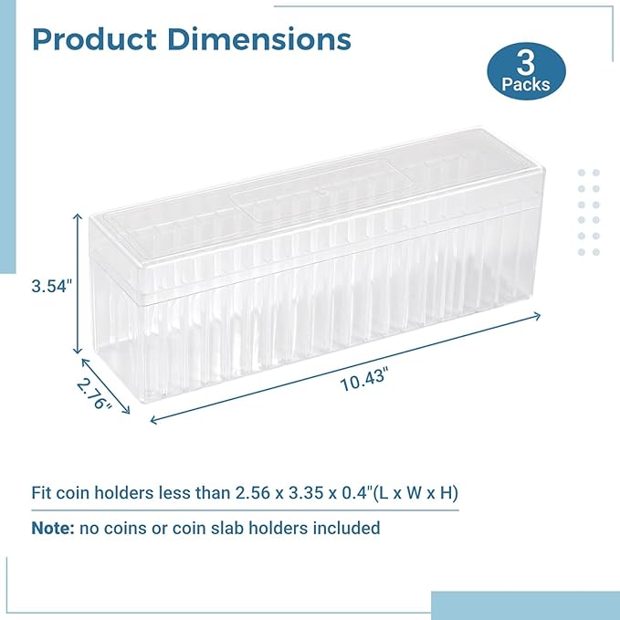 Plastic Coin Storage Box, 3 Packs Coin Holder Organizer Boxes with 20 Slots, Plastic Storage Cases Set for 60 Slabs, Compatible with PCGS NGC PMGab Holders(Include Boxes Only)