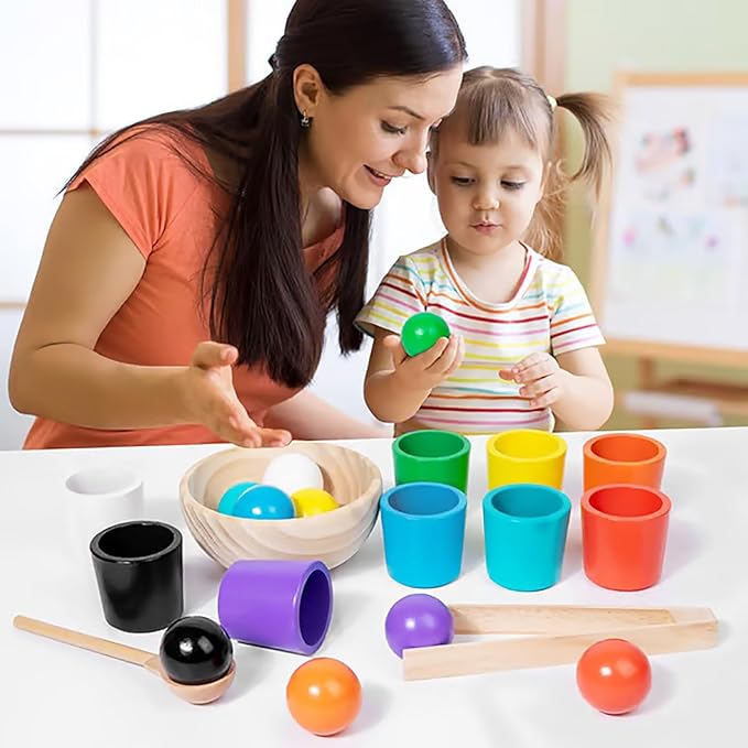 Rainbow Balls in Cups Toddler Toys, Montessori Wooden Color Sorting Toys for Toddlers 1-3, Educational Preschool Learning Game, Fine Motor Skills Montessori Matching Toy for Kids(1pc)