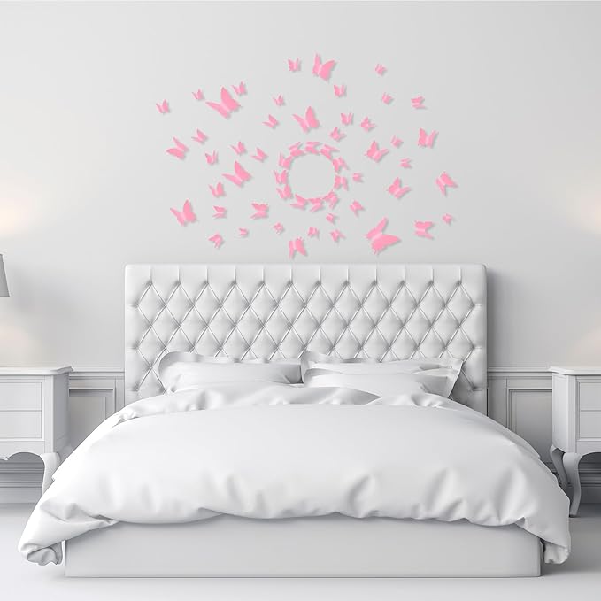 BBTO 48 Pieces Butterfly Wall Decor DIY Mirror 3D Butterfly Stickers Removable Decals for Home Bedroom School Bathroom Living Room Decor(Pink)