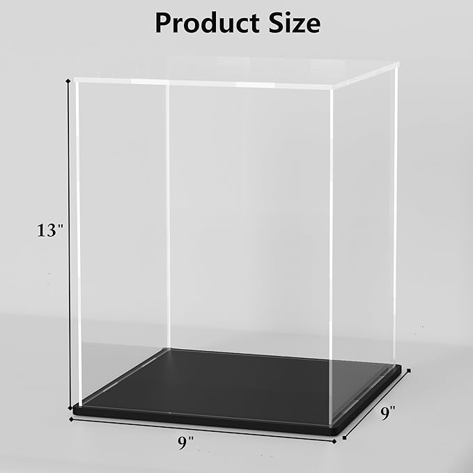 SVENJBB Acrylic Display Case, 9x9x13 Inch Cube Acrylic Boxes for Display, Clear Display Cases with Matte Black Base and Lid for Collectibles and Figures
