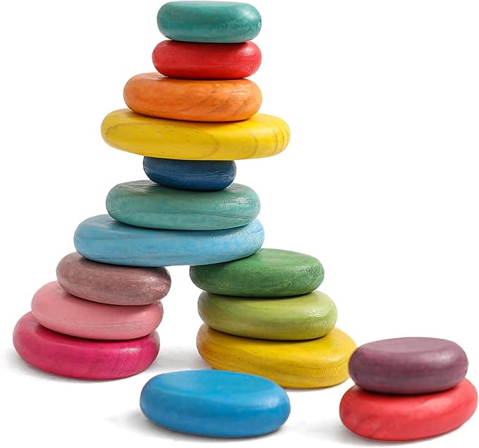 OESSUF 16pcs Extra-Large Wooden Sorting Stacking Rocks - Safe Montessori Toys for 1-3 Year Old, Waldorf Wooden Blocks for Toddlers 1-3, Smooth Stacking Stones for Toddlers, for Kids