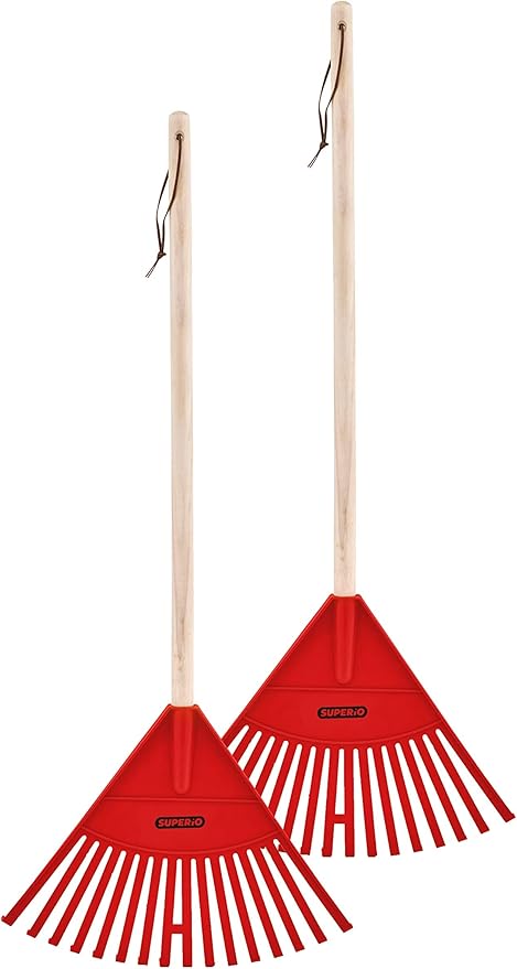 Leaf Rake, Red Kid Size Leaf Collector, Bulk Pack Gardening Rake, 24-Pack Plastic Rakes with Wood Handle, by Superio