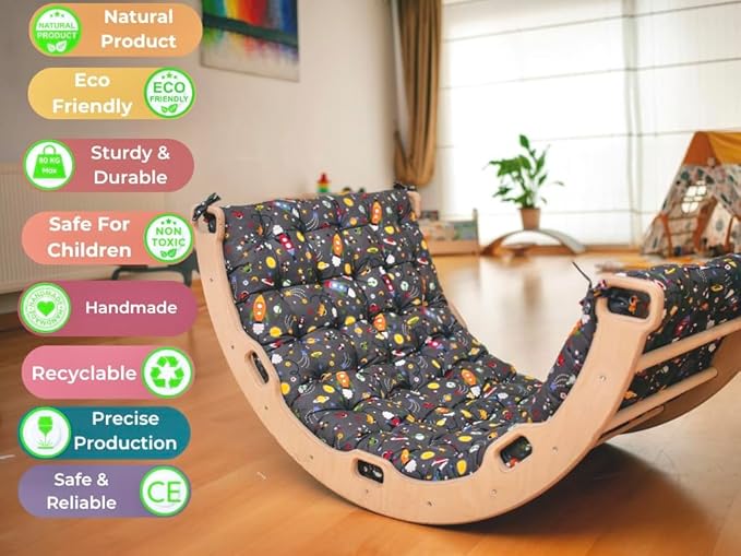 Climbing Arch | Montessori Rocker Arch | Arch with Cosy Pillow | Wooden Climbing Arch with Cushion | Wooden Climbing Arch and Rocker | Indoor Playground Cosy Cushion Rocker (Space)