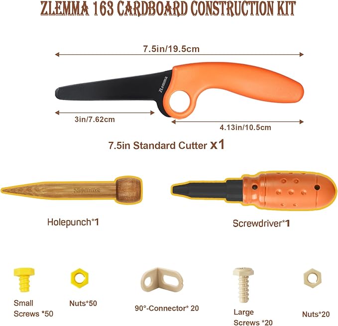 Cardboard Construction Tool Kit 163 Pieces-Educational Toys for at-Home Play + Classroom Learning | Reusable Cardboard Tools for Kids